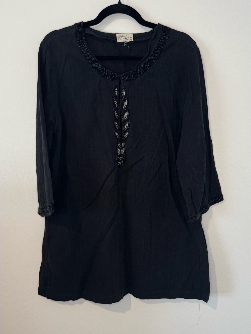 Vintage Y2K Old Navy Black Beaded Tunic Blouse XL Boho Gauze Top